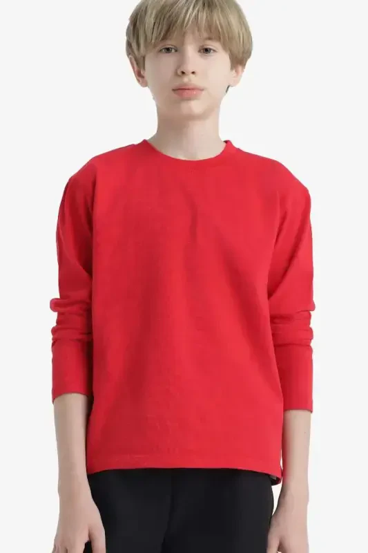 Boys' Crew Neck Basic Plain Long Sleeve T-Shirt-Red - 1
