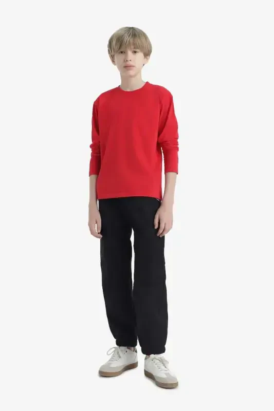 Boys' Crew Neck Basic Plain Long Sleeve T-Shirt-Red - 2