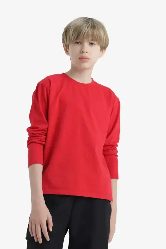 Boys' Crew Neck Basic Plain Long Sleeve T-Shirt-Red - 4