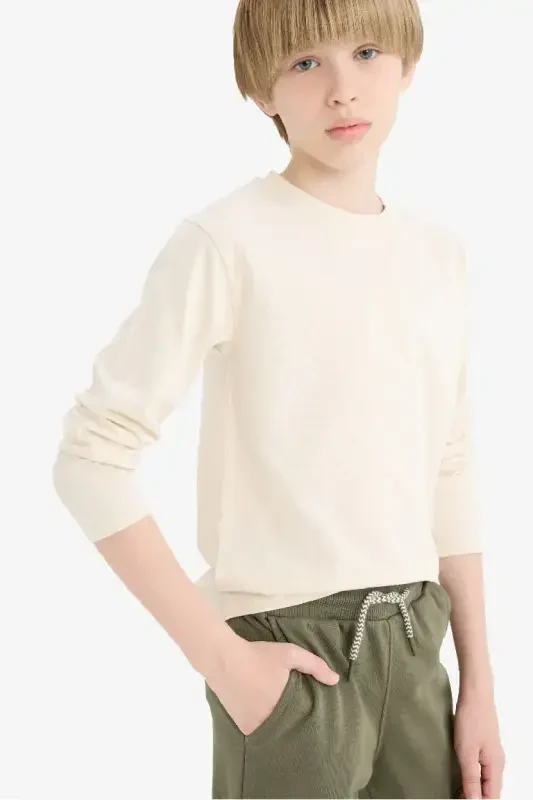 Boys' Crew Neck Basic Plain Long Sleeve T-shirt-Stone - 4