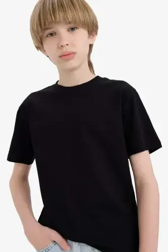 Boy's Crew Neck Basic Plain Short Sleeve T-Shirt-Black - 1