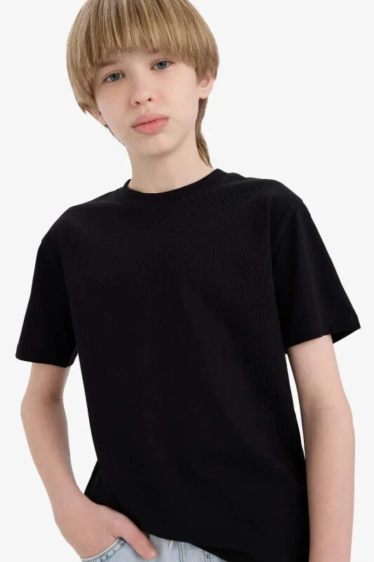Boy's Crew Neck Basic Plain Short Sleeve T-Shirt-Black - DEFACTO