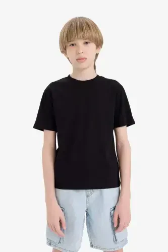 Boy's Crew Neck Basic Plain Short Sleeve T-Shirt-Black - 3