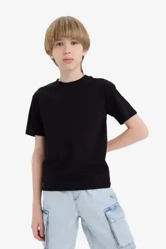 Boy's Crew Neck Basic Plain Short Sleeve T-Shirt-Black - 4
