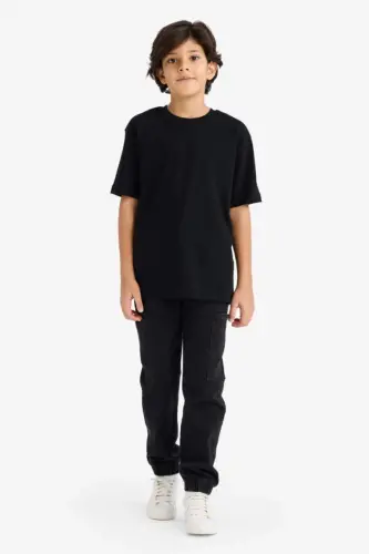 Boy's Crew Neck Basic Plain Short Sleeve T-Shirt-Black - DEFACTO (1)