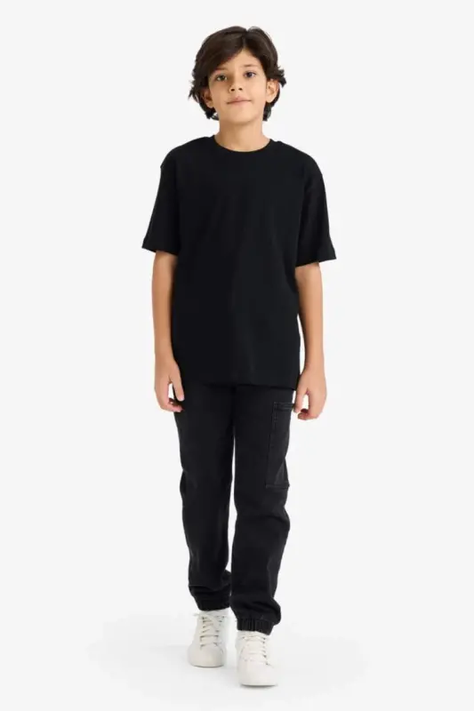 Boy's Crew Neck Basic Plain Short Sleeve T-Shirt-Black - 2