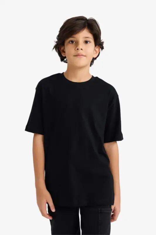 Boy's Crew Neck Basic Plain Short Sleeve T-Shirt-Black - 3