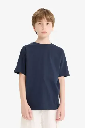 Boys' Crew Neck Basic Plain Short Sleeve T-Shirt-Navy Blue - 3