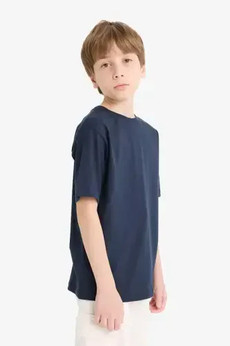 Boys' Crew Neck Basic Plain Short Sleeve T-Shirt-Navy Blue - 4