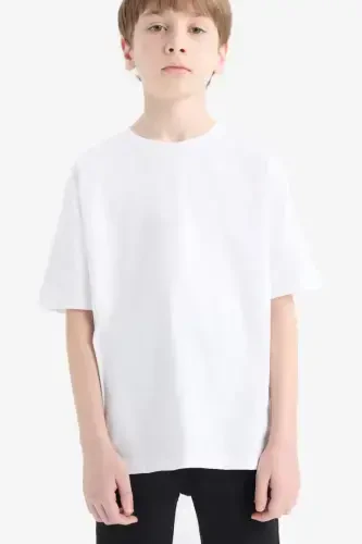 Boy's Crew Neck Basic Plain Short Sleeve T-Shirt-Off White 