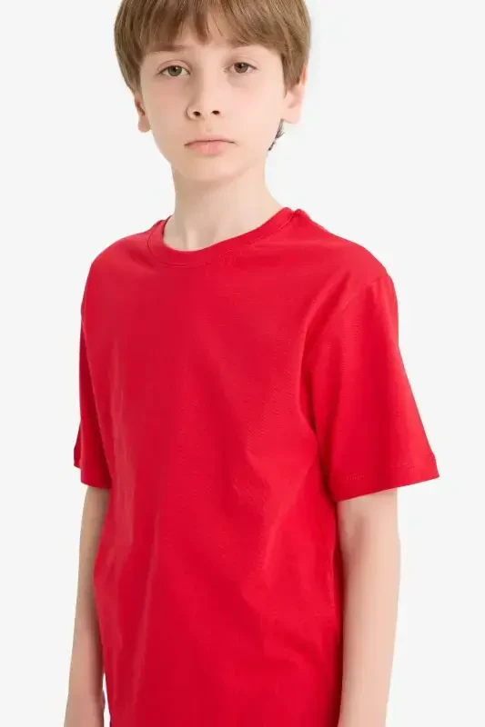 Boy's Crew Neck Basic Plain Short Sleeve T-Shirt-Red - 1