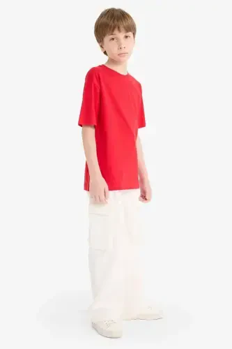 Boy's Crew Neck Basic Plain Short Sleeve T-Shirt-Red - DEFACTO (1)