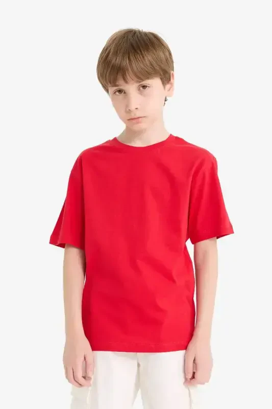 Boy's Crew Neck Basic Plain Short Sleeve T-Shirt-Red - 3