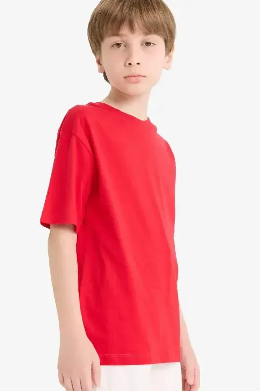 Boy's Crew Neck Basic Plain Short Sleeve T-Shirt-Red - 4