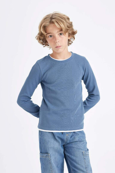 Boy's Crew Neck Basic Plain Waffle Long Sleeve T-Shirt Blue - 1