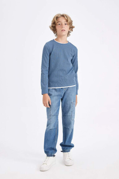 Boy's Crew Neck Basic Plain Waffle Long Sleeve T-Shirt Blue - 2