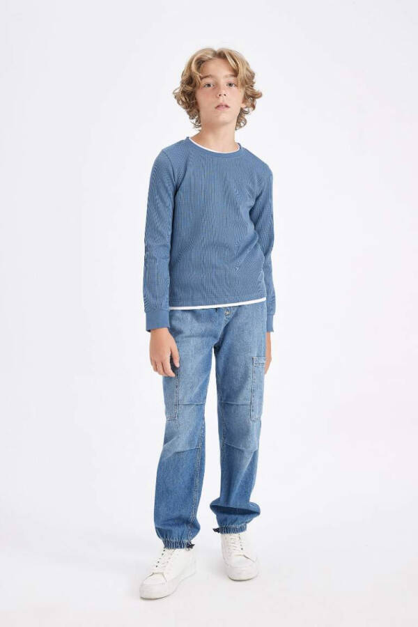 Boy's Crew Neck Basic Plain Waffle Long Sleeve T-Shirt Blue - 2