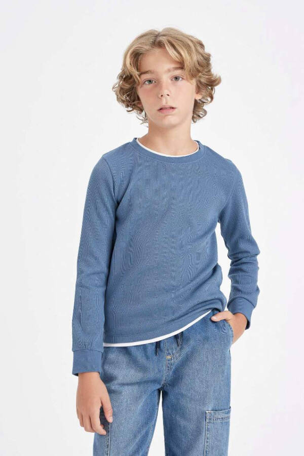 Boy's Crew Neck Basic Plain Waffle Long Sleeve T-Shirt Blue - 3