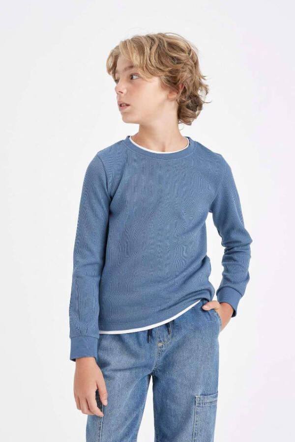 Boy's Crew Neck Basic Plain Waffle Long Sleeve T-Shirt Blue - 4