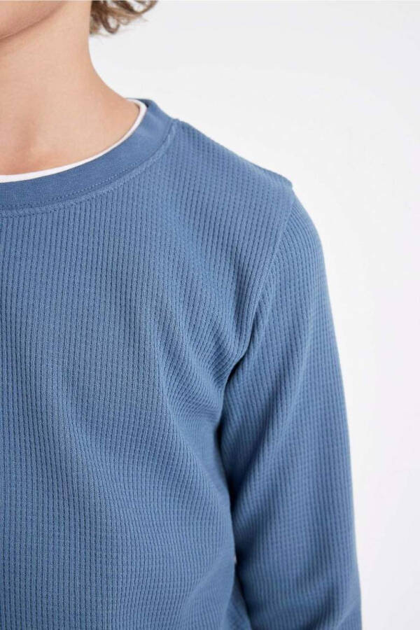 Boy's Crew Neck Basic Plain Waffle Long Sleeve T-Shirt Blue - 5