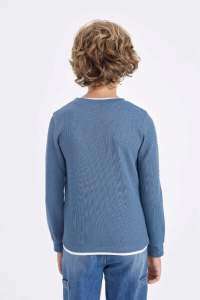 Boy's Crew Neck Basic Plain Waffle Long Sleeve T-Shirt Blue - 6