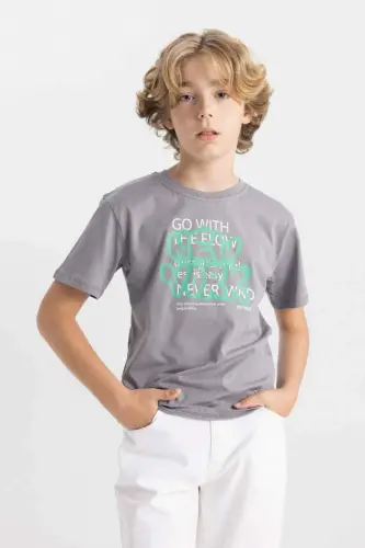 Boys' Crew Neck Printed Short Sleeve T-Shirt-Gray - 1