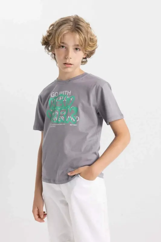 Boys' Crew Neck Printed Short Sleeve T-Shirt-Gray - 3