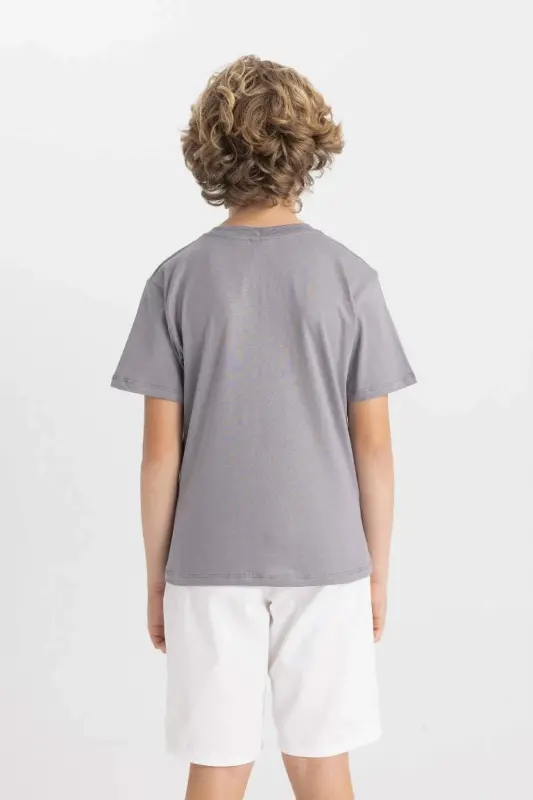 Boys' Crew Neck Printed Short Sleeve T-Shirt-Gray - 6