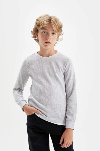 Boy's Cycling Collar Basic Plain Waffle Long Sleeve T-Shirt Optic Grey Melange - 1