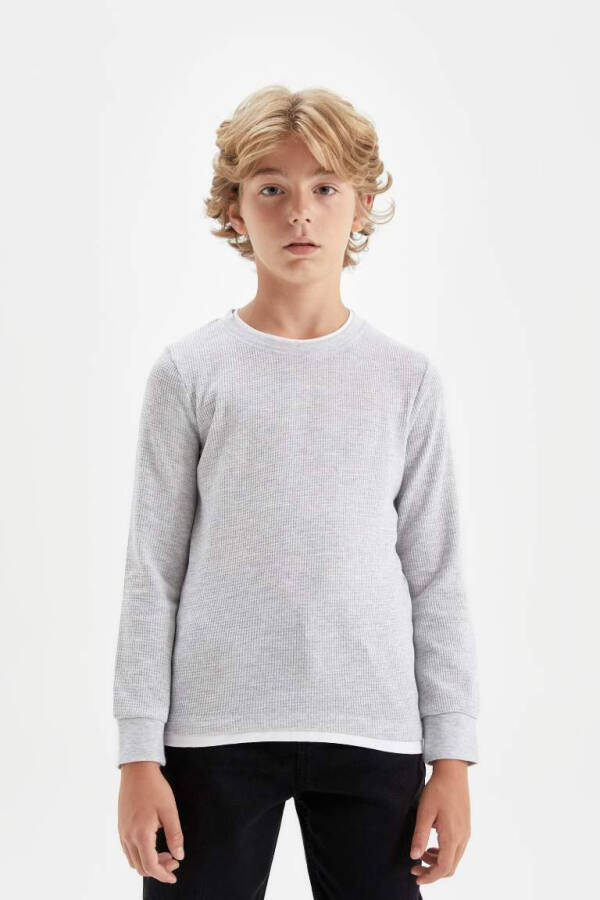 Boy's Cycling Collar Basic Plain Waffle Long Sleeve T-Shirt Optic Grey Melange - 3