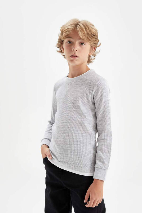 Boy's Cycling Collar Basic Plain Waffle Long Sleeve T-Shirt Optic Grey Melange - 4