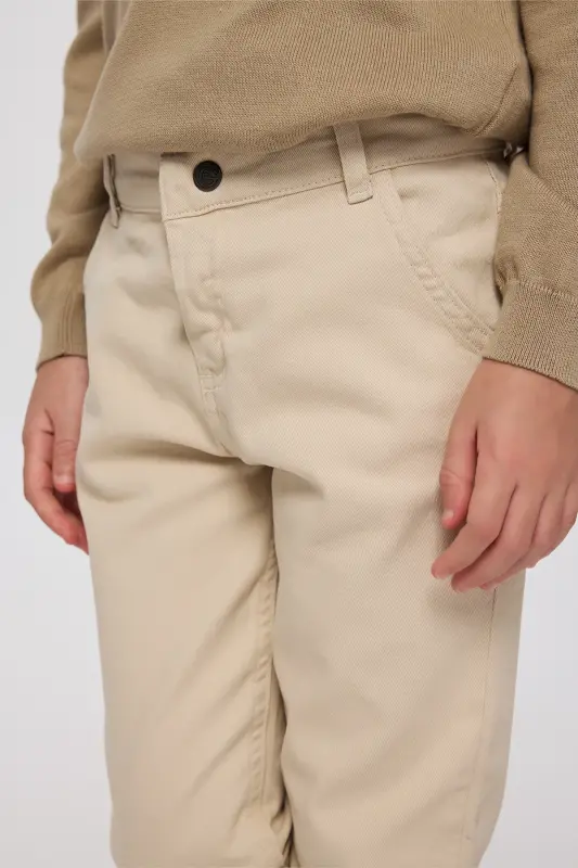 Boys' Elastic Waist Pleated Detail Beige Trousers - 037-Beige - 6