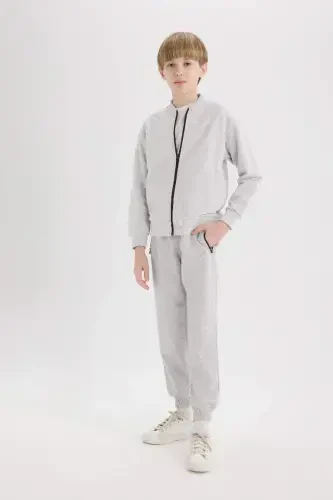Boy's Elastic Waistband Pique Basic Plain Sweatpants-Optical Gray Melange - DEFACTO (1)