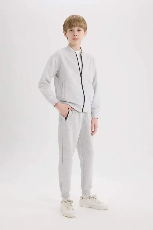 Boy's Elastic Waistband Pique Basic Plain Sweatpants-Optical Gray Melange - DEFACTO
