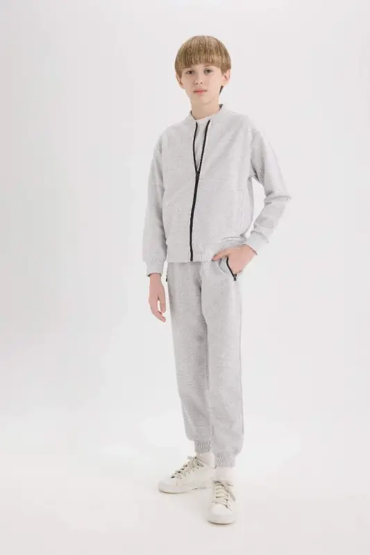 Boy's Elastic Waistband Pique Basic Plain Sweatpants-Optical Gray Melange - 2