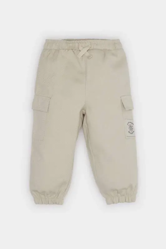 Boys' Gabardine Trousers with Elastic Waistband and Cargo Pockets - Light Beige - 2