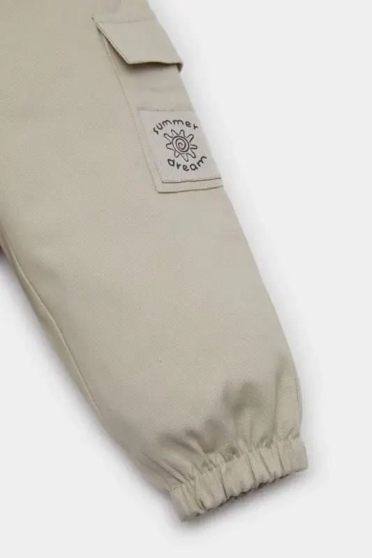 Boys' Gabardine Trousers with Elastic Waistband and Cargo Pockets - Light Beige - 4