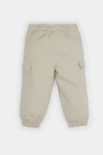 Boys' Gabardine Trousers with Elastic Waistband and Cargo Pockets - Light Beige - 5