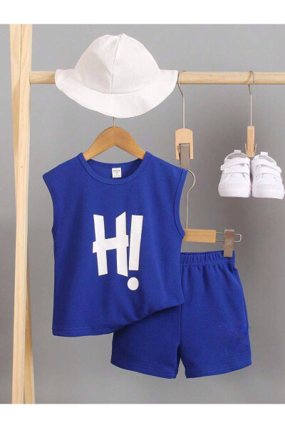 Boys-Girls Children's Teal Blue H! Printed Sleeveless T-Shirt-Shorts Set 