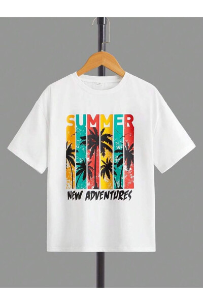 Boys-Girls Kids White Summer Adventures Printed T-shirt-shorts Set - MORNİNG KİDS (1)