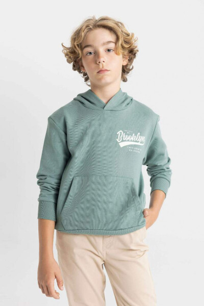 Boy's Green Printed Text Pocket Hoodie School Sweatshirt Green - 1