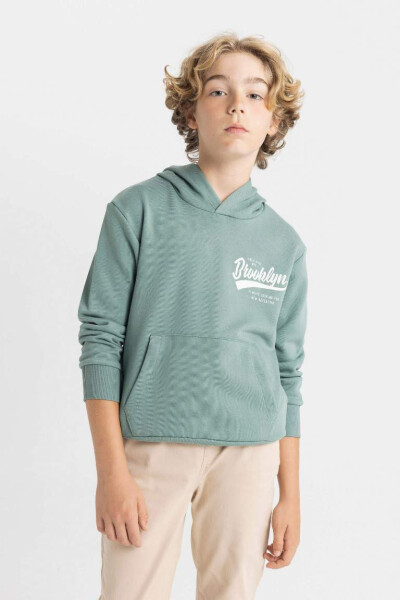 Boy's Green Printed Text Pocket Hoodie School Sweatshirt Green - 3