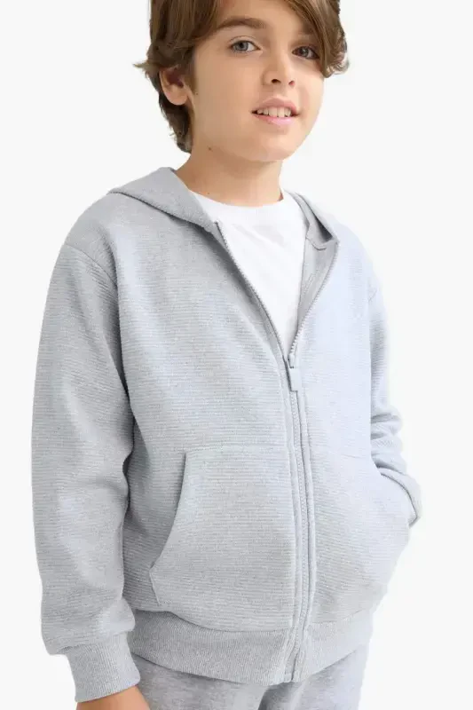 Boys Grey Hooded School Cardigan T7468a623au-Grey - DEFACTO