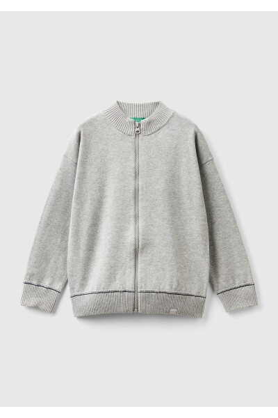 Boys' Grey Melange Ribbed Hem Logo Detail Zip-Up Stand Collar Sweatshirt - 1