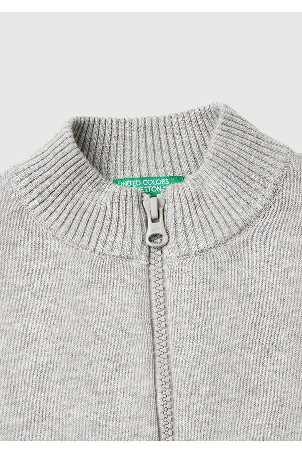 Boys' Grey Melange Ribbed Hem Logo Detail Zip-Up Stand Collar Sweatshirt - 3