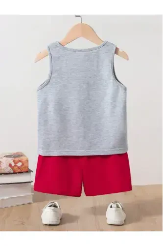 Boys Grey-Red Strongly Printed Sleeveless T-Shirt-Shorts Set-Grey - LOUİSA (1)