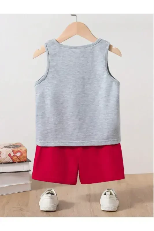 Boys Grey-Red Strongly Printed Sleeveless T-Shirt-Shorts Set-Grey - 2