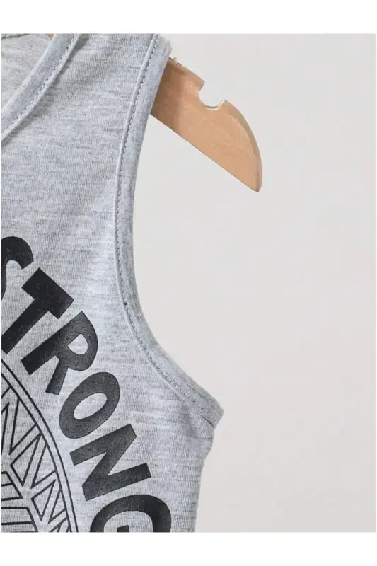 Boys Grey-Red Strongly Printed Sleeveless T-Shirt-Shorts Set-Grey - 3