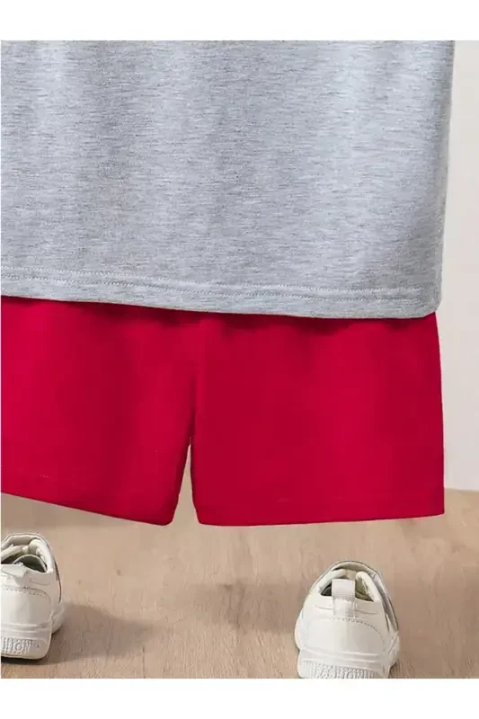 Boys Grey-Red Strongly Printed Sleeveless T-Shirt-Shorts Set-Grey - 4