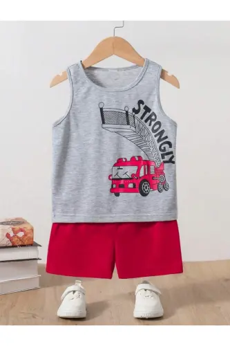 Boys Grey-Red Strongly Printed Sleeveless T-Shirt-Shorts Set-Grey 